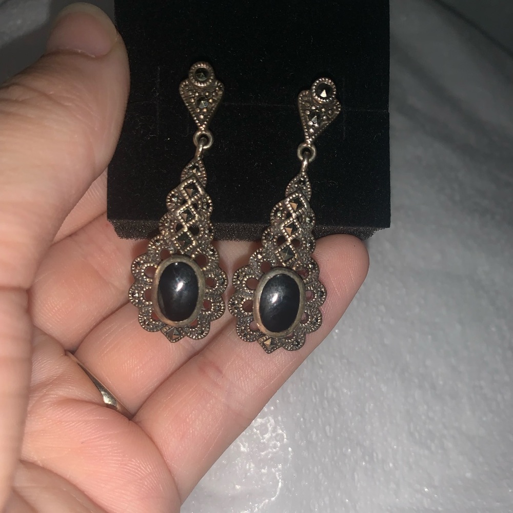 Marqusite 925 silver and black onyx vintage earrings.